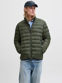 Geacă puffer de culoare verde măslinie, cu fermoar în față, guler înalt și design matlasat orizontal. Poartă o cămașă de culoare albastră deschisă și blugi.