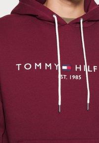 Felpa con cappuccio color bordeaux realizzata in tessuto morbido, dotata di cordini bianchi e logo ricamato con dettagli blu e rossi, fondata nel 1985.