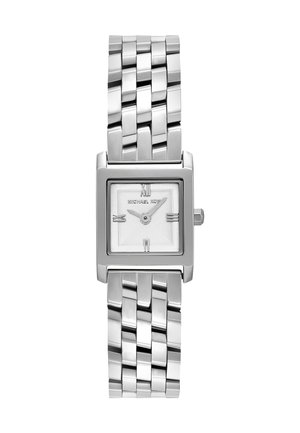 Sølv firkantet armbåndsur med ledet metalrem, romertal ved 12, 3, 6 og 9, og to urskivevisere, der peger på 2:00.