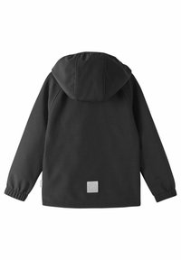 Black hooded jacket with elastic cuffs, smooth texture, and a square logo patch near the hem. Features a rounded hood and simple design.