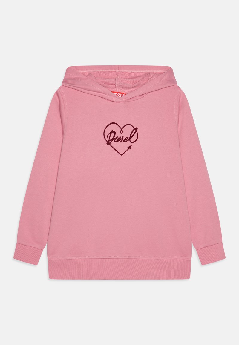 Felpa rosa realizzata in materiale morbido, con un logo a cuore e la scritta "Diesel" accompagnata da un design a freccia. Maniche lunghe e cappuccio con cordino.