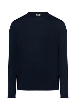 Chemise à manches longues bleu marine en tissu lisse, avec un col rond et des manches ajustées, présentant un design uni sans accents ni motifs visibles.