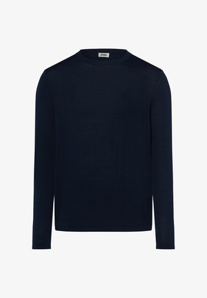 Chemise à manches longues bleu marine en tissu lisse, avec un col rond et des manches ajustées, présentant un design uni sans accents ni motifs visibles.