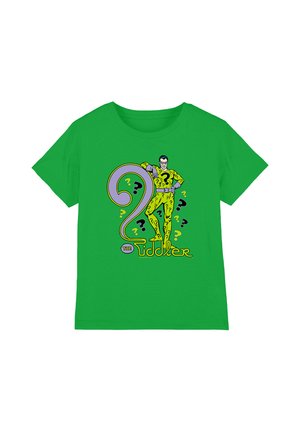 Green T-shirt with a comic-style character in a yellow suit covered in question marks, leaning on a large purple question mark.