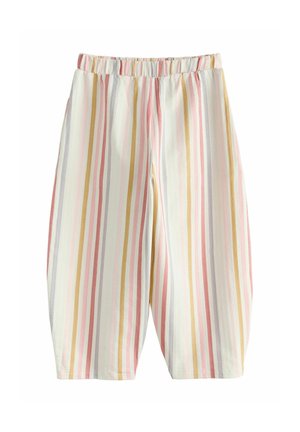 Loose-fit pants with elastic waistband, featuring vertical stripes in pastel pink, yellow, and gray on a white background.
