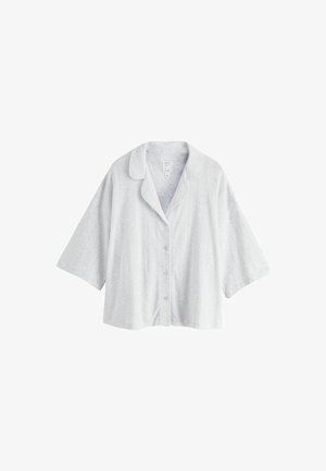 Light gray short-sleeve button-up shirt with a collar, featuring a soft texture and subtle pattern, designed with a relaxed fit and cropped length.
