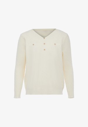 Krém színű V nyakú pulóver hosszú ujjal, textúrált anyaggal, négy gombdíszítéssel és két kicsi mellzsebbel.