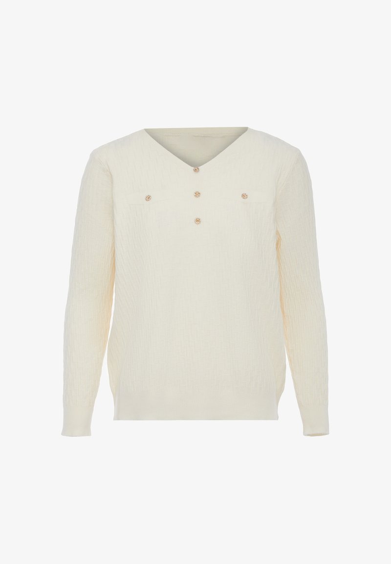 Cremefarbener V-Ausschnitt-Pullover mit langen Ärmeln, strukturiertem Stoff, vier Knopf-Details und zwei kleinen Brusttaschen.