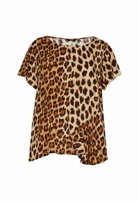 Blusa de manga corta con estampado de leopardo, escote redondo y detalle de volantes asimétricos en el dobladillo frontal.
