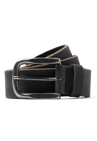 Ceinture en cuir noir enroulée avec une boucle rectangulaire en métal mat gravée "PME LEGEND".