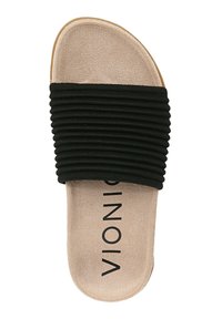 Tongs noires avec une sangle élastique à côtes et une semelle intérieure rembourrée beige. Branding subtil sur la semelle. Design de semelle plate.