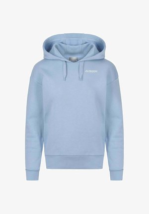 Felpa con cappuccio di colore azzurro chiaro, realizzata in tessuto morbido, dotata di tasca a marsupio, polsini a costine e un piccolo logo bianco sul petto.