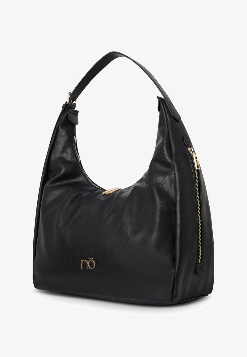 Musta nahkainen olkalaukku, jossa on löysä muotoilu, kultaiset vetoketjut ja logo-aksentti. Varustettu yhdellä pyöreällä kahvalla ja tekstuuripinnalla.