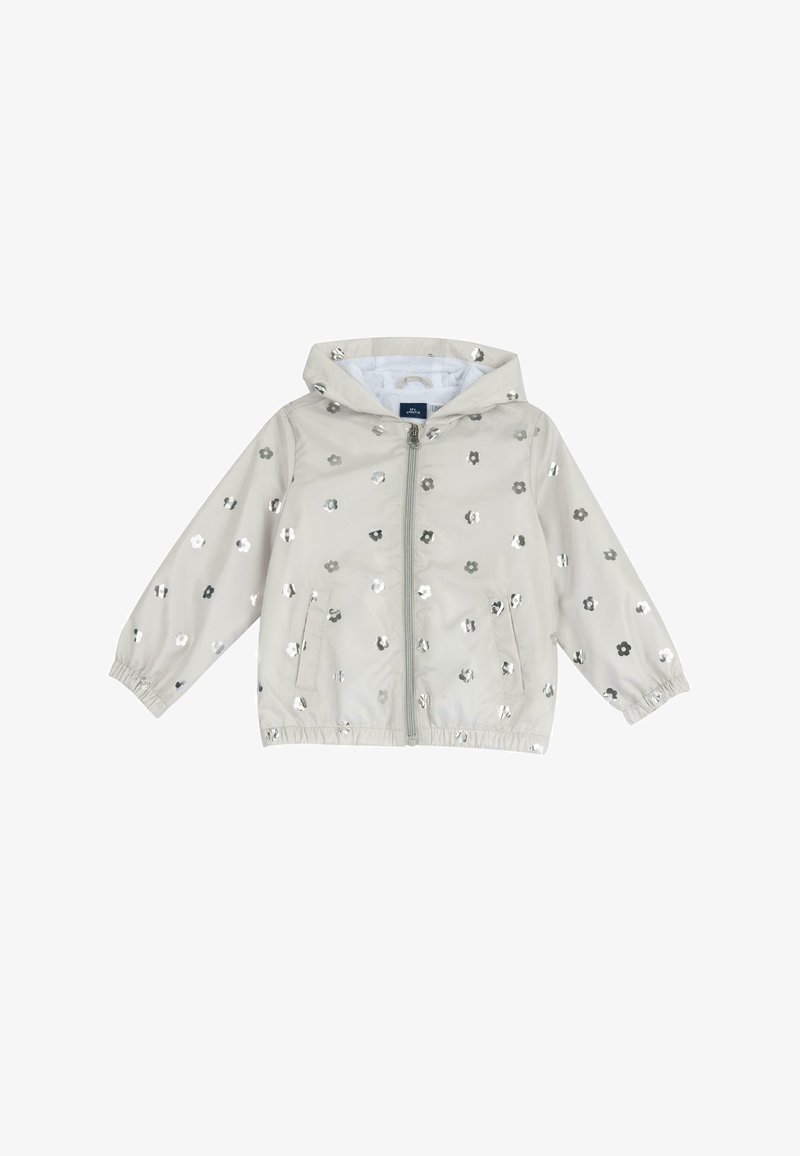Helles graues wasserdichtes Jacket mit Kapuze, das metallische Blumenmuster aufweist, elastische Bündchen und einen Frontreißverschluss hat. Zwei Seitentaschen sind enthalten.
