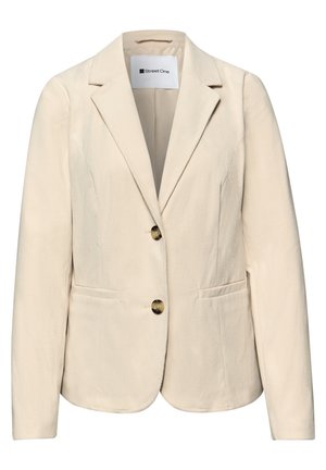 Blazer beige pour femmes avec revers crantés, deux boutons devant et deux poches latérales, étiqueté Street One.