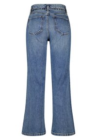 Jean en denim bleu taille haute avec pattes larges, arborant deux poches arrières et des passants de ceinture, présentés de dos sur un fond blanc.