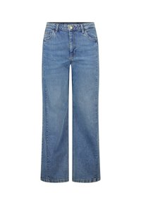 Blauwe denim jeans met een wijde pijp, lichte wassing, ontwerp met vijf zakken en contrasterende stiknaden. Voorzien van knoop- en ritssluiting.