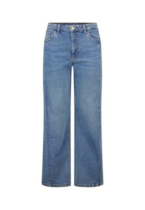 Blauwe denim jeans met een wijde pijp, lichte wassing, ontwerp met vijf zakken en contrasterende stiknaden. Voorzien van knoop- en ritssluiting.