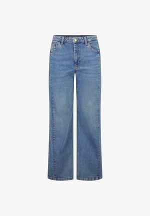 Blauwe denim jeans met een wijde pijp, lichte wassing, ontwerp met vijf zakken en contrasterende stiknaden. Voorzien van knoop- en ritssluiting.