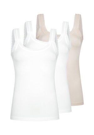 Drie dameshemdjes zonder mouwen met kanten bandjes, twee wit en één beige, weergegeven tegen een witte achtergrond.