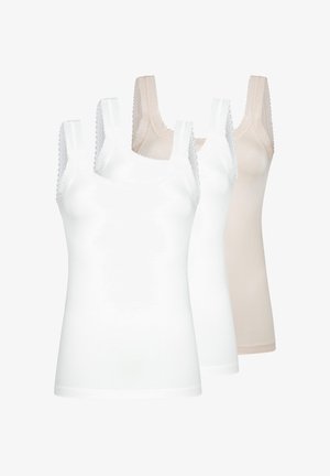Trois camisoles sans manches pour femmes avec bordure en dentelle sur les bretelles, deux blanches et une beige, présentées sur un fond blanc.
