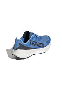 Scarpa da atletica blu con tomaia in rete, dettagli neri e grande logo "TERREX". Caratterizzata da un'intersuola bianca e suola nera testurizzata.