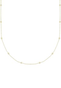 Zarte goldfarbene Halskette mit einer Kette, die abwechselnd kleine runde Perlen und größere sphärische Akzente aufweist, wodurch ein strukturiertes visuelles Effekt entsteht.