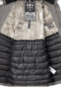 Padded jacket featuring a grey faux fur lining, quilted black exterior, and label detailing. Includes a media pocket and zipped closure.