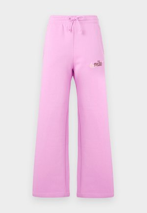 Pink sweatpants with a relaxed fit, made of soft material. Features an embroidered Nike logo in a contrasting color. Drawstring waist.