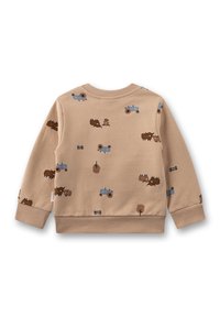 Beiger Pullover aus weichem Stoff, mit einem ländlichen Motiv, das Traktoren, Bäume und Tiere zeigt. Gerippte Bündchen und Kragen.