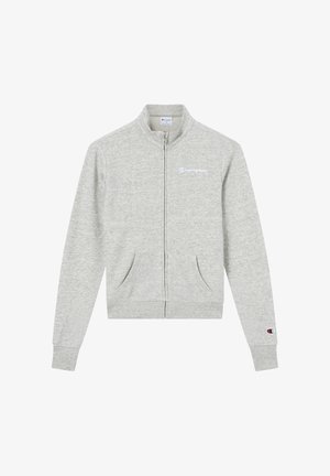 Felpa grigia con zip, colletto alto, tasche frontali e polsini a costine. Presenta un piccolo logo Champion sul petto e sulla manica.