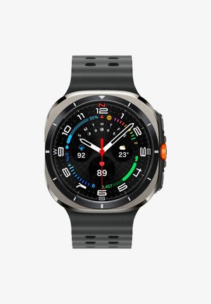 Smartwatch with a black silicone strap, round silver case, color display featuring digital time, weather, heart rate, and activity metrics.