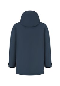 Navyblauwe winterjack met losse capuchon, lange mouwen en verstelbare manchetten, getoond van achteren op een witte achtergrond.