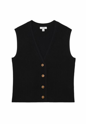 Mustast kudumist ilma varrukateta vest, millel on V-kaelus ja neli pruunikat nuppu ees, tekstuuriga muster nähtav.