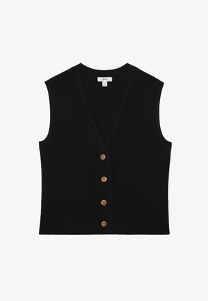 Mustast kudumist ilma varrukateta vest, millel on V-kaelus ja neli pruunikat nuppu ees, tekstuuriga muster nähtav.