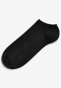 Crna anklet čarapa napravljena od mekanog pletenog materijala. Ima glatku teksturu, zaobljeni vrh i elastični rub za sigurno pristajanje.