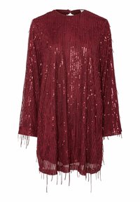 Viininpunainen paljettimekko pitkillä hihoilla, jossa on teksturoitu hapsukuviointi. Avokaulaaukkoinen takakappale lisää yksityiskohtaa kokonaisilmeeseen.