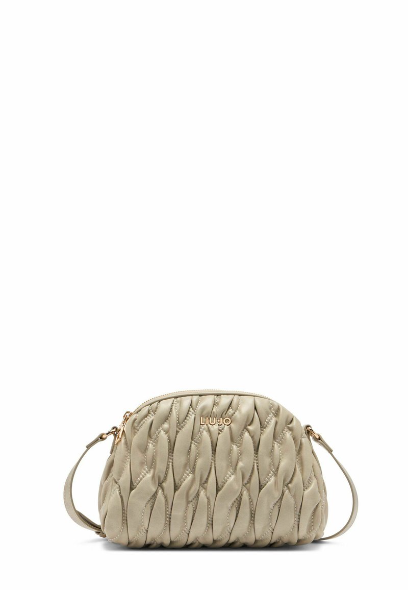 Beige Handtasche mit gesteppter Textur und goldfarbenen Beschlägen. Verfügt über einen Reißverschluss und einen abnehmbaren Schultergurt. Markenlogo deutlich sichtbar.