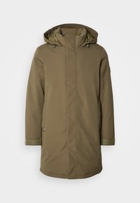 Olivgrüner Parka mit Kapuze, gerader Schnitt, Reißverschluss vorne und seitlichen Taschen. Der Stoff ist glatt mit einem matten Finish.