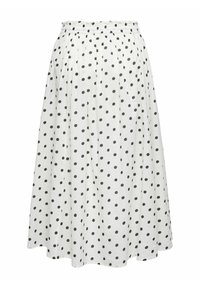 Witte midi-rok met zwarte polkadots, geplooide elastische tailleband en een vloeiend A-lijn silhouet.