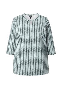 Camicia a maniche lunghe blu chiaro e nera con motivo, colletto rotondo e piccolo taglio a chiave al centro davanti.