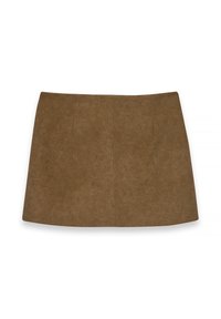 Bruine suède minirok met subtiele naden, rechte zoom en een hoge taille-ontwerp.