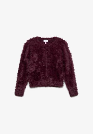 Burgundska krznena jopica s skrajšano zasnovo, dolgimi rokavi, zapiranjem na gumbe in mehko, teksturirano površino. Brez vidnih vzorcev ali kovinskih delov.