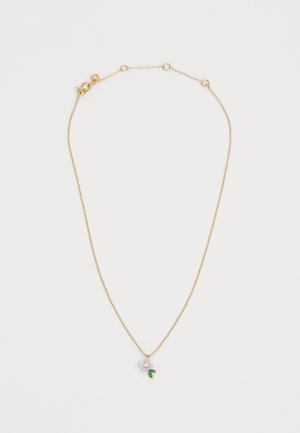 Gold chain necklace featuring a lavender flower pendant with a small clear gemstone and green leaf accents. Detailed, delicate design.