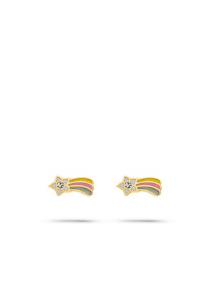 Small gold shooting star earrings with yellow, pink, and gray enamel tails and a clear gem in the star center.