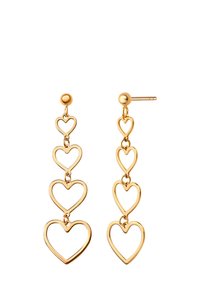 Złote kolczyki wiszące w kształcie połączonych serc, o gładkim wykończeniu i polerowanej metalowej teksturze.