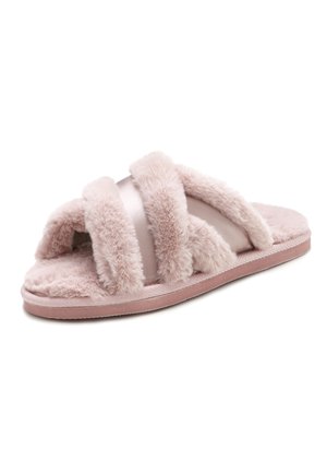 Fluffy pink slippers featuring three wide, soft straps, a smooth satin band, and a flat, cushioned sole for comfort.