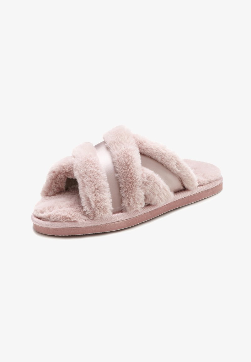 Fluffy pink slippers featuring three wide, soft straps, a smooth satin band, and a flat, cushioned sole for comfort.
