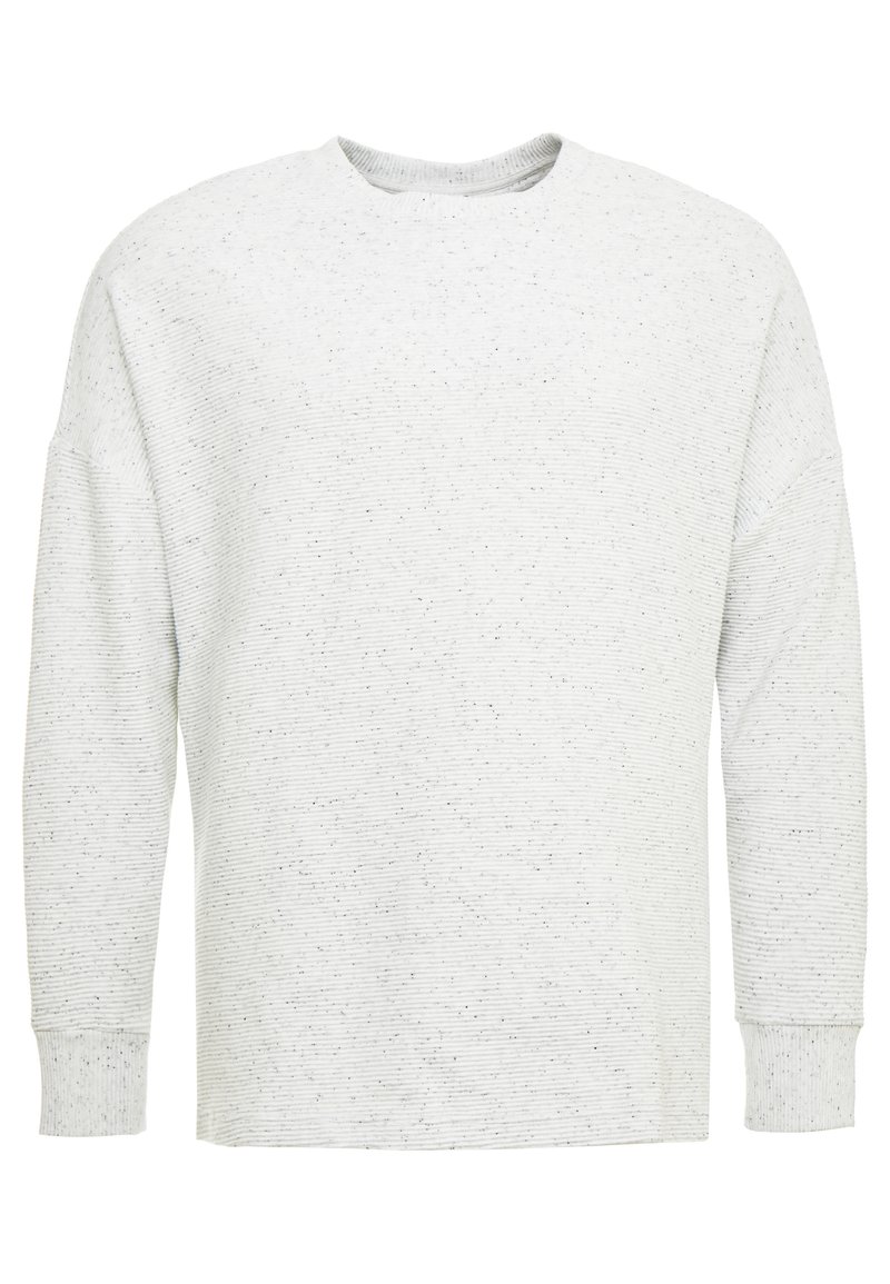 Hellgraues Langarm-Sweatshirt mit strukturiertem horizontalem Streifenmuster, Rundhalsausschnitt und gerippten Bündchen.