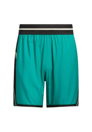 Pantaloncini sportivi turchese con una fascia elastica nera in vita, caratterizzati da una striscia decorativa bianca e pannelli laterali neri con dettagli dorati.